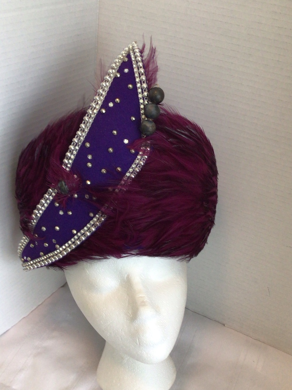 MR. jOHN moderne plum feather cocktail church hat with rhinestone trim
